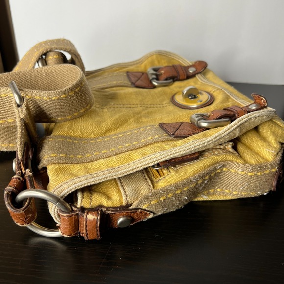 Fossil Yellow Canvas Crossbody Messenger Bag Leather Trim Buckle Flap Organizer - Picture 12 of 14